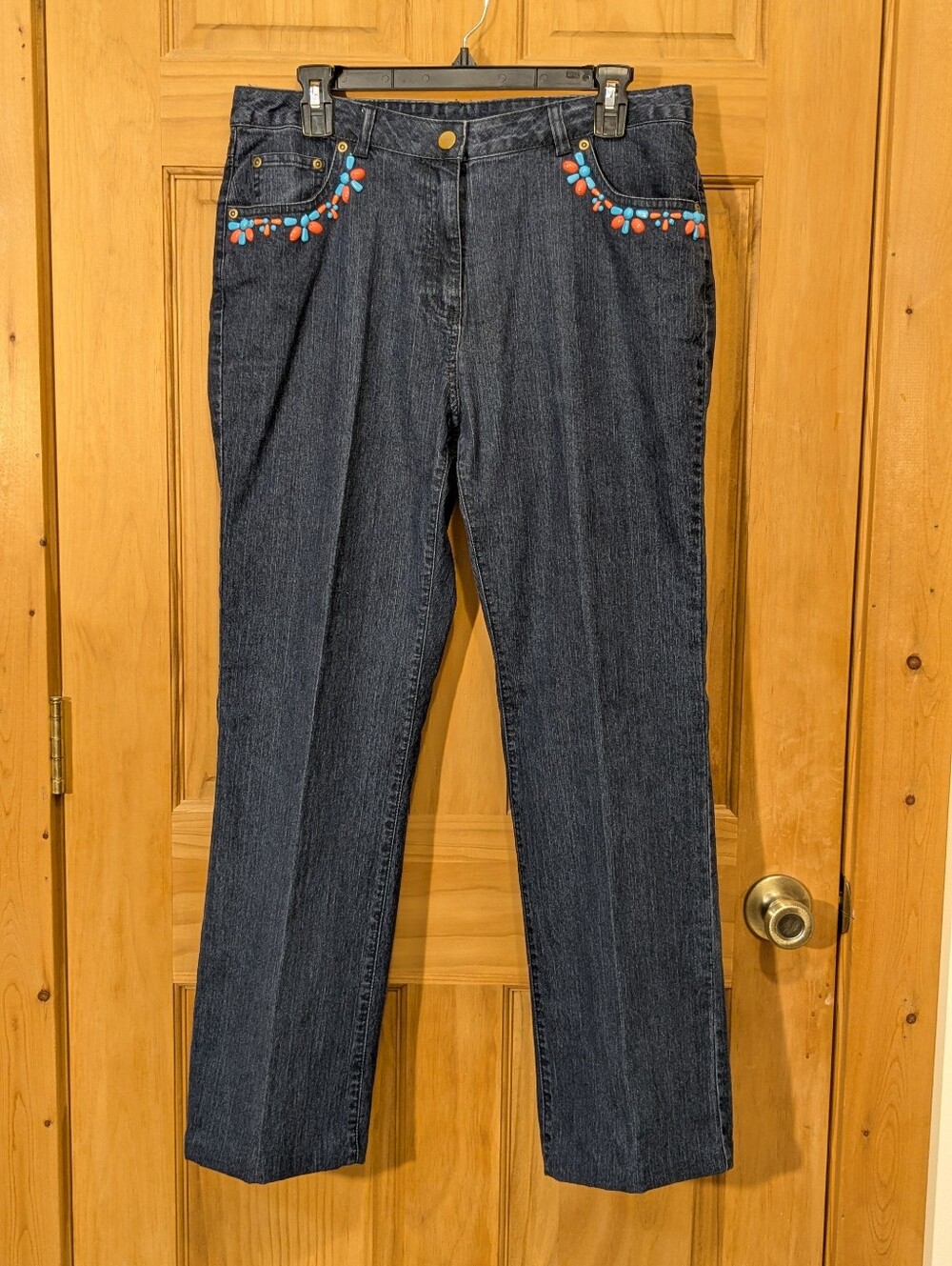 NWT Ruby Rd Jeans Straight Leg Beaded Pockets Blue Sz 10 Embellished Boho Hippie